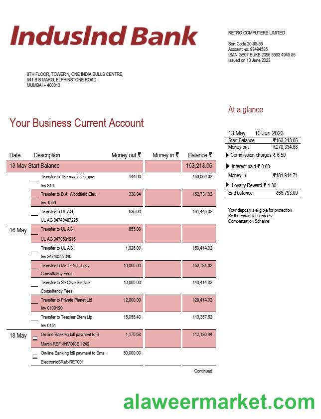 Indusind Bank enterprise statement Word and PDF template
